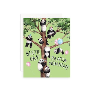 Urodzinowa Pandamonium Kartka z życzeniami urodzinowymi | Karta urodzinowa Panda | Karta z kalamburem akwarelowym Panda | Zabawna karta urodzinowa | Karta ze zwierzętami