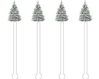 May include: Four white, frosted, green Christmas tree drink stirrers with a black outline.