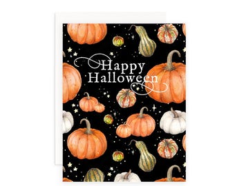 Tarjeta de felicitación de Halloween con calabazas brillantes de medianoche / Tarjeta de felicitación de calabazas de acuarela / Tarjeta de felicitación de Halloween vintage