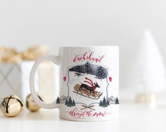 Dachshund Through the Snow Coffee Mug | Watercolor Dachshund Christmas Mug | Christmas Crest Mug | Merry Christmas Dog Mug | Sled Dog Mug