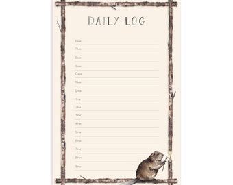 May include: A daily log printable with a woodsy theme. The printable features a beaver holding a stick and a wood frame. The printable has a list of times from 6 AM to 9 PM.