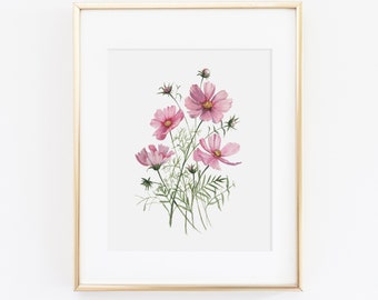 Puede incluir: Una pintura de acuarela enmarcada de flores de cosmos rosas con tallos y hojas verdes sobre un fondo blanco.