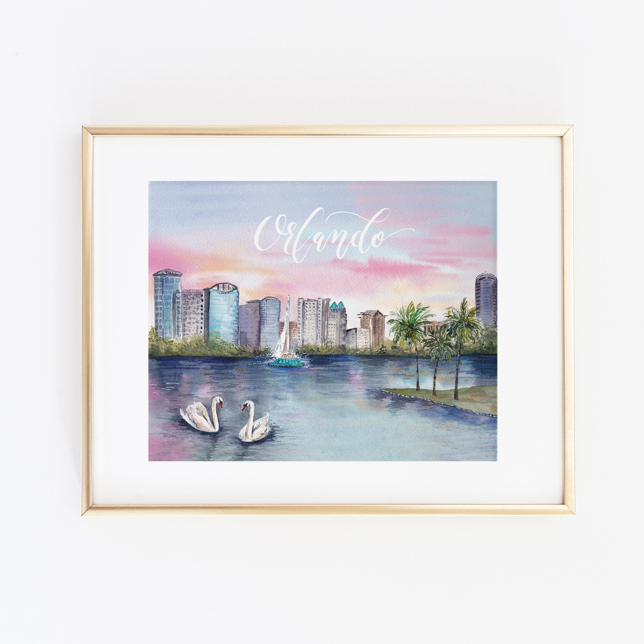 Orlando Florida Skyline & Fountain From Across Lake Eola~Continental  Postcard