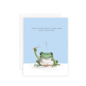 Eres más fino que un pelo de rana dividido en cuatro partes Tarjeta de felicitación, tarjeta de amor, tarjeta de aniversario, tarjeta de rana, juegos de palabras con ranas, juegos de palabras con animales