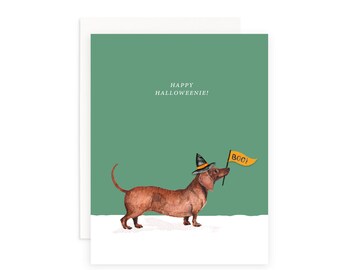 Gelukkige Wenskaart van de Hond van de Tekkel Halloweenie | Hond in kostuum Halloween-kaart | Grappige Halloween-kaart | Leuke Weiner hond Halloween kaart