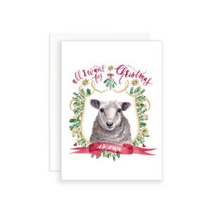 Todo lo que quiero para Navidad es tarjeta de Navidad de oveja / Tarjeta de notas de Navidad de acuarela / Tarjeta de Navidad de oveja / Papelería de oveja de acuarela