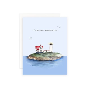 Eu estaria perdido sem você Cartão de felicitações | Cartão de felicitações de farol | Cartão de farol em aquarela | Cartão náutico | Pintura de farol