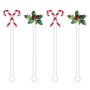 Classic Christmas Drink Stir Sticks | Holly Drink Stirrer | Candy Cane Drink Sticks | Watercolor Swizzle Sticks | Cocktail Drink Sticks