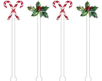 Classic Christmas Drink Stir Sticks | Holly Drink Stirrer | Candy Cane Drink Sticks | Watercolor Swizzle Sticks | Cocktail Drink Sticks