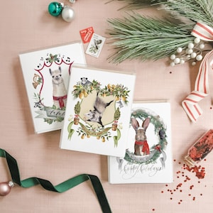 Assorted Christmas Card Bundle Box | Watercolor Christmas Cards | Watercolor Crests Stationery | Animal Christmas Cards | Pun Christmas