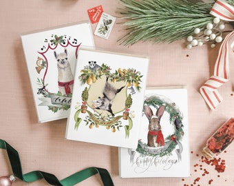 Assorted Christmas Card Bundle Box | Watercolor Christmas Cards | Watercolor Crests Stationery | Animal Christmas Cards | Pun Christmas