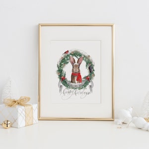 Hoppy Holidays Christmas Print, Happy Holidays Christmas Decor, Farmhouse Decor, Rabbit Christmas Print