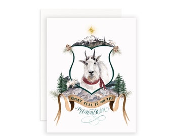 Goat Tell it on the Mountain Christmas Card | Watercolor Christmas Card | Goat Christmas Card | Watercolor Crest Card | Christmas Puns Card