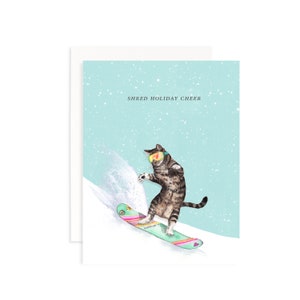 Shred Holiday Cheer Tarjeta de felicitación navideña / Tarjeta de gato de Navidad / Tarjeta de Navidad de acuarela / Tarjeta de invierno / Tarjeta de snowboard