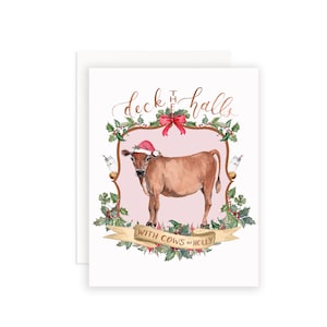Décorez les couloirs avec des vaches de houx Carte de vœux | Carte de Noël de vache aquarelle | Carte de notes de jeu de mots de Noël | Art de la vache Jersey