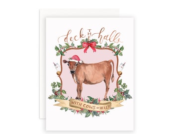 Deck the Halls with Cows of Holly Greeting Card | Watercolor Cow Christmas Card | Christmas Pun Notecard | Jersey Cow Art