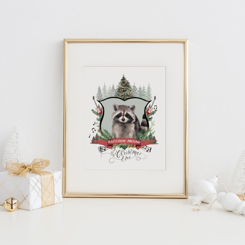 Raccoon Around the Christmas Tree Christmas Decor, Holiday Art Print, Farmhouse Christmas, Watercolor Farmhouse Decor, Holiday Decor image 1