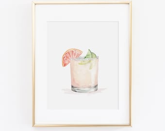 Grapefruit Paloma Watercolor Print | Watercolor Drink Print Set | Watercolor Bart Cart Painting | Grapefruit Paloma  Artwork