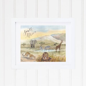 May include: Watercolor painting of a savanna landscape with the words "South Africa" at the top. The painting features a lion, giraffe, zebra, elephant, and leopard.