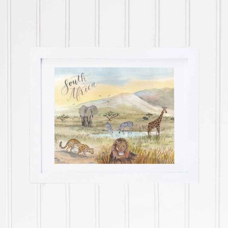 May include: Watercolor painting of a savanna landscape with the words "South Africa" at the top. The painting features a lion, giraffe, zebra, elephant, and leopard.