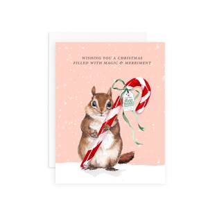 Magic & Merriment Chipmunk Candy Cane Tarjeta de Navidad / Lindo Chipmunk Animal Tarjeta de Navidad / Tarjeta de felicitación de bastón de caramelo / Navidad acuarela