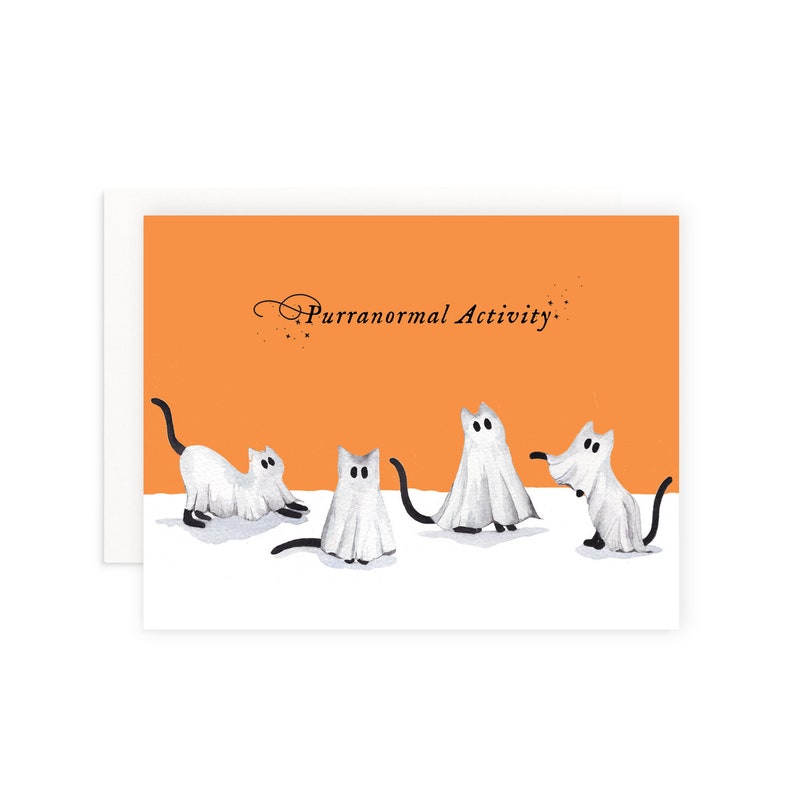 May include: A Halloween greeting card with an orange background and the text "Purranormal Activity."  Four white cats are dressed as ghosts.