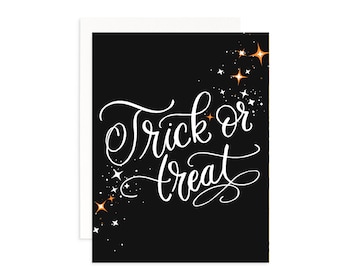 Trick or Treat Halloween Greeting Card | Watercolor Halloween Card | Fun October Halloween Fall Card | Black Halloween Card