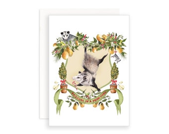 Possum in a Pear Tree Christmas Card | Watercolor Christmas Card | Christmas Card | Watercolor Crest Card | Possum Christmas Puns