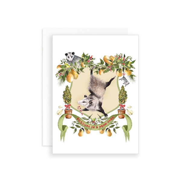 Possum in a Pear Tree Christmas Card | Watercolor Christmas Card | Christmas Card | Watercolor Crest Card | Possum Christmas Puns