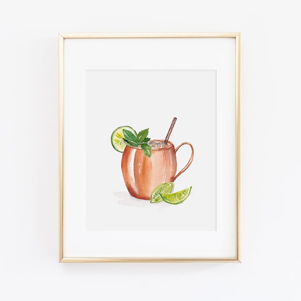 Impresión en acuarela de Moscow Mule / Juego de impresiones de bebidas en acuarela / Pintura en acuarela de Bart Cart / Obra de arte de Moscow Mule / Arte en acuarela de Moscow Mule