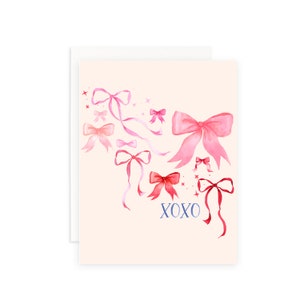 X's and Bows Valentine's Day Card | Watercolor Bow Valentine's Card | Cute Bows Love Card | Pink and Red Ribbon Bows Card | Coquette XOXO