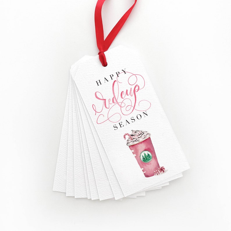 Christmas Gift Tag Happy Red Cup Season Gift Tag Cute Hanging Tag Watercolor Coffee Tag To From Gift Tag Starbucks Gift image 1