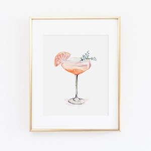 Watercolor Champagne Coupe Cocktail Print | Watercolor Drink Print Set | Watercolor Bart Cart Painting | Grapefruit Cocktail Wall Art