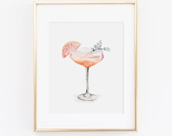 Watercolor Champagne Coupe Cocktail Print | Watercolor Drink Print Set | Watercolor Bart Cart Painting | Grapefruit Cocktail Wall Art