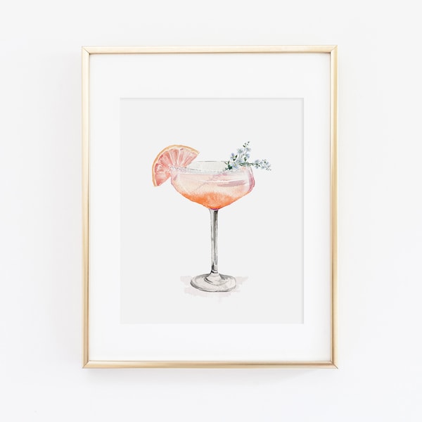 Aquarelle Champagne Coupe Cocktail Print | Ensemble d’impression de boissons à l’aquarelle | Aquarelle Bart Cart Peinture | Art mural cocktail au pamplemousse