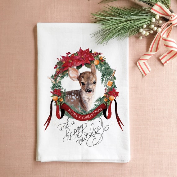 Happy New Deer Christmas Tea Towel, Christmas Dish Towel, Holiday Tea Towel, Farmhouse Christmas, Woodland Christmas
