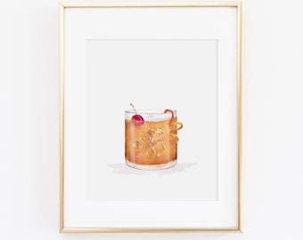 May include: A watercolor painting of an Old Fashioned cocktail in a rocks glass with a maraschino cherry and an orange twist. The drink is a light amber color and the glass is clear.
