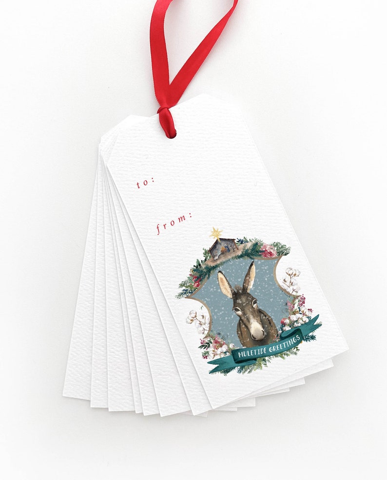 Muletide Greetings Holiday Gift Tags, Christmas Gift Tags, Farmhouse Christmas, Animal Gift Tags, Yuletide Greetings image 1