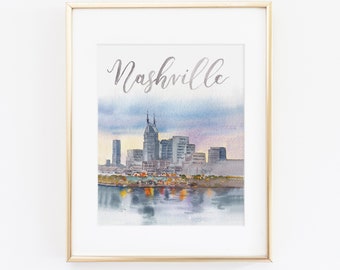 Watercolor Nashville Skyline City Print | Nashville Watercolor Art | Downtown Nashville Tennessee Painting | Nashville Artwork