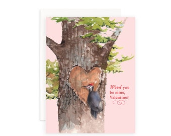 Wood You Be Mine, Valentine Greeting Card | Woodpecker Greeting Card | Valentine Pun Card | Funny Valentines Day Card | Animal Valentine