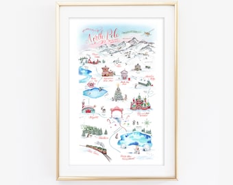 North Pole Map Christmas Wall Art | Watercolor North Pole Christmas Decor | North Pole Illustration | North Pole Print | Christmas Gift