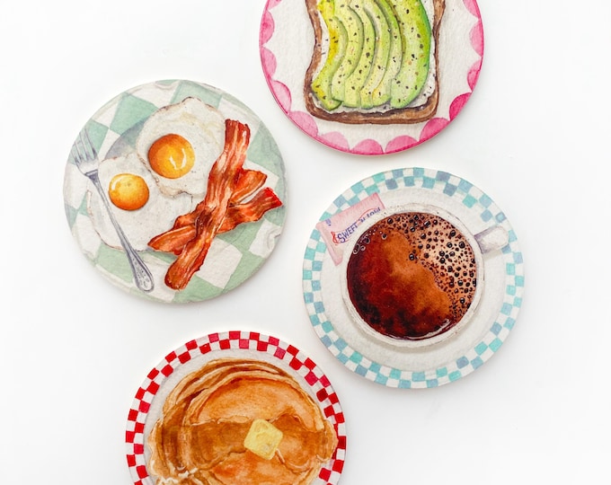 Breakfast Plates Coaster Set, Cute Breakfast Coasters, Watercolor Breakfast Coasters, Breakfast Party, Brunch Party, Foodie Gift