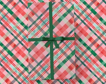 Merry Plaid Christmas Wrapping Paper | Watercolor Holiday Plaid Wrapping Paper | Red Green Pink Plaid Wrapping Paper | Cute Holiday Gift
