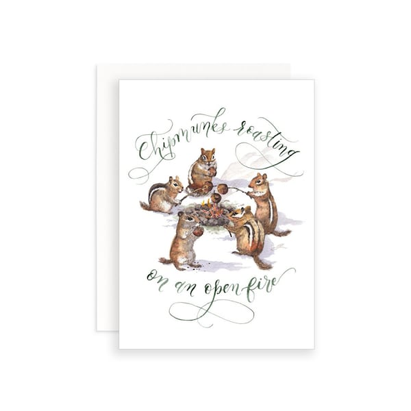 Chipmunks roosteren op een open vuur, kerstkaart, fijne feestdagen kaart, dieren kerstkaart, dieren in het wild kerstkaart