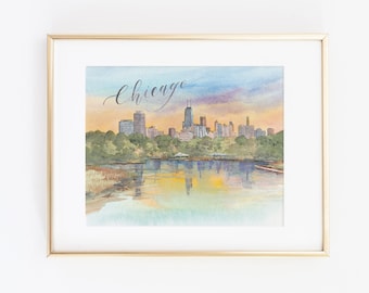 Watercolor Chicago Skyline Print | Chicago Skyline Painting | Watercolor Chicago City Scene | Chicago Art | Chicago Gift | City Skyline Art