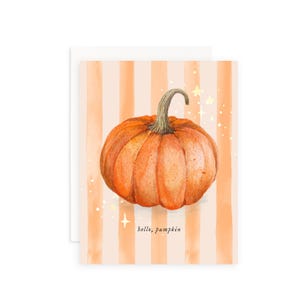 Hallo Kürbis Grußkarte | Aquarell Kürbis auf Gestreiftem Hintergrund | Briefpapier | Herbstliche Grußkarte
