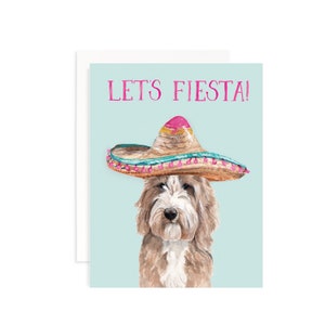 Laten we Fiesta gelukkige verjaardagskaart | Hond verjaardagskaart | Aquarel Goldendoodle verjaardagskaart | Sombrero-kaart | Grappige verjaardagskaart