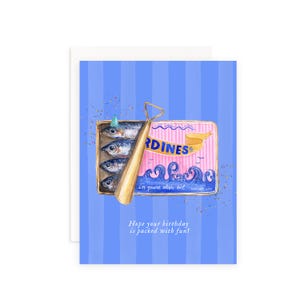 Espero que tu cumpleaños esté lleno de diversión. Tarjeta de cumpleaños con sardinas / Linda tarjeta de felicitación con sardinas / Tarjeta de pescado enlatado con acuarela / Euro Summer