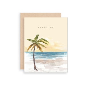 Cartão de agradecimento costeiro | Cartão de agradecimento de praia em aquarela | Cartão de pôr do sol em aquarela | Cartão de saudação de palmeira