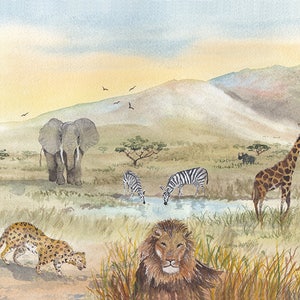 May include: A watercolor painting depicting a savanna landscape with a variety of animals, including an elephant, zebras, a giraffe, a lion, and a leopard. The animals are gathered around a watering hole in the middle of the scene.